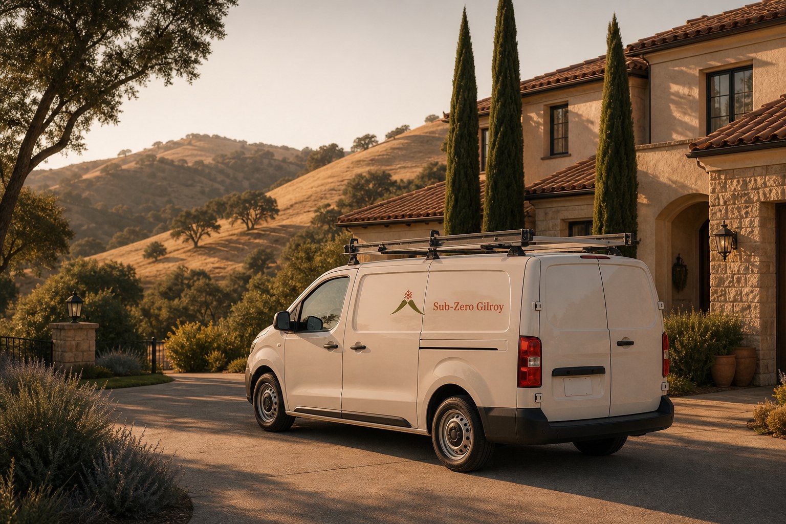 Sub-Zero Gilroy service van in the long driveway of an Eagle Ridge home in South County